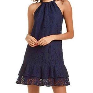 NWT Trina Turk Navy Halter Neck Lace Shift Dress L
